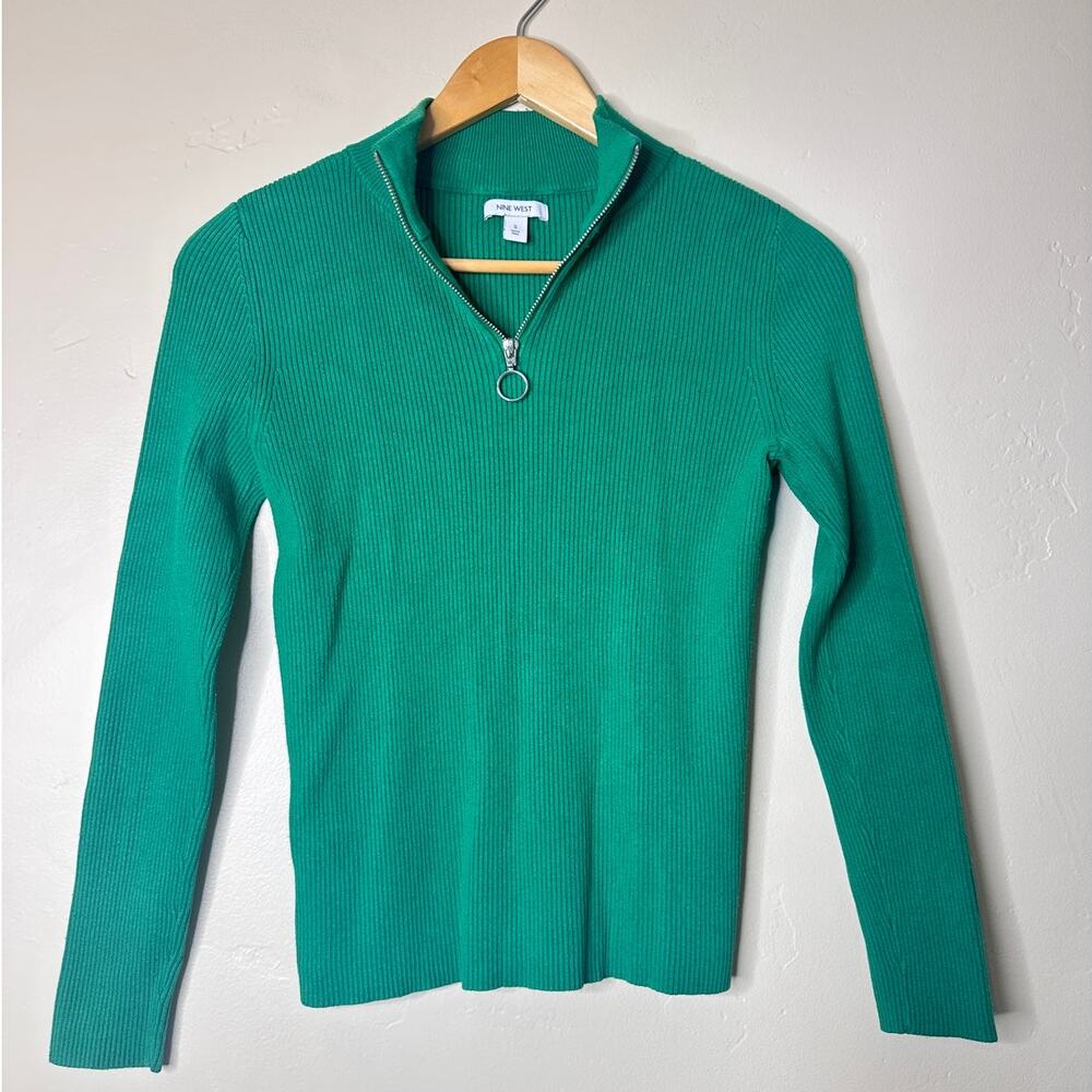 y2k Nine West Emerald Green Ribbed Pull Over Quarter Zip Sweater Small